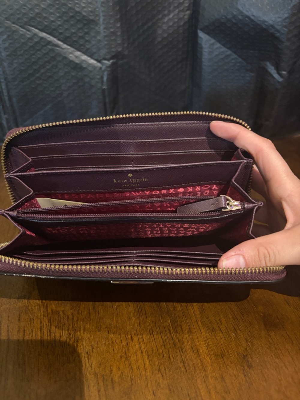 kate spade Saffiano Zip Wallet in Deep Plum with Gold Hardware